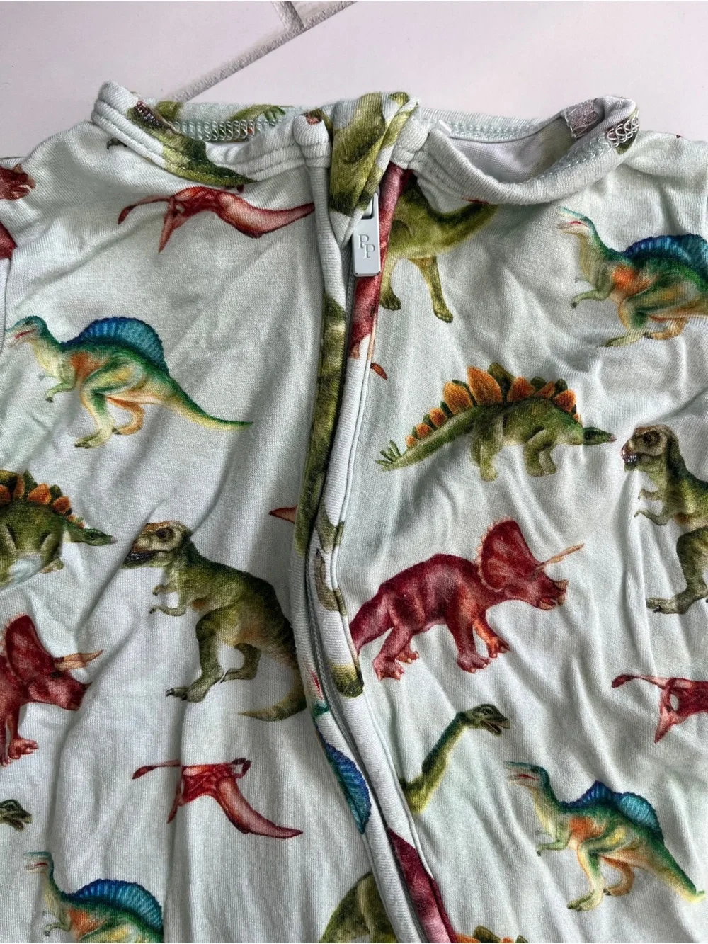 Posh Peanut Mint Dinosaur Print Footed Pajamas with Multicolor Dinosaurs
